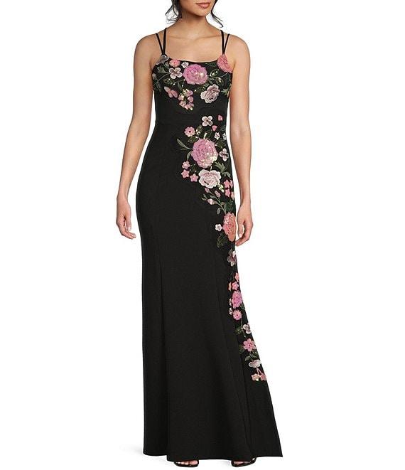 Honey and Rosie Sequin Floral Lace Square Neck Spaghetti Strap Lace Up Back Gown Product Image