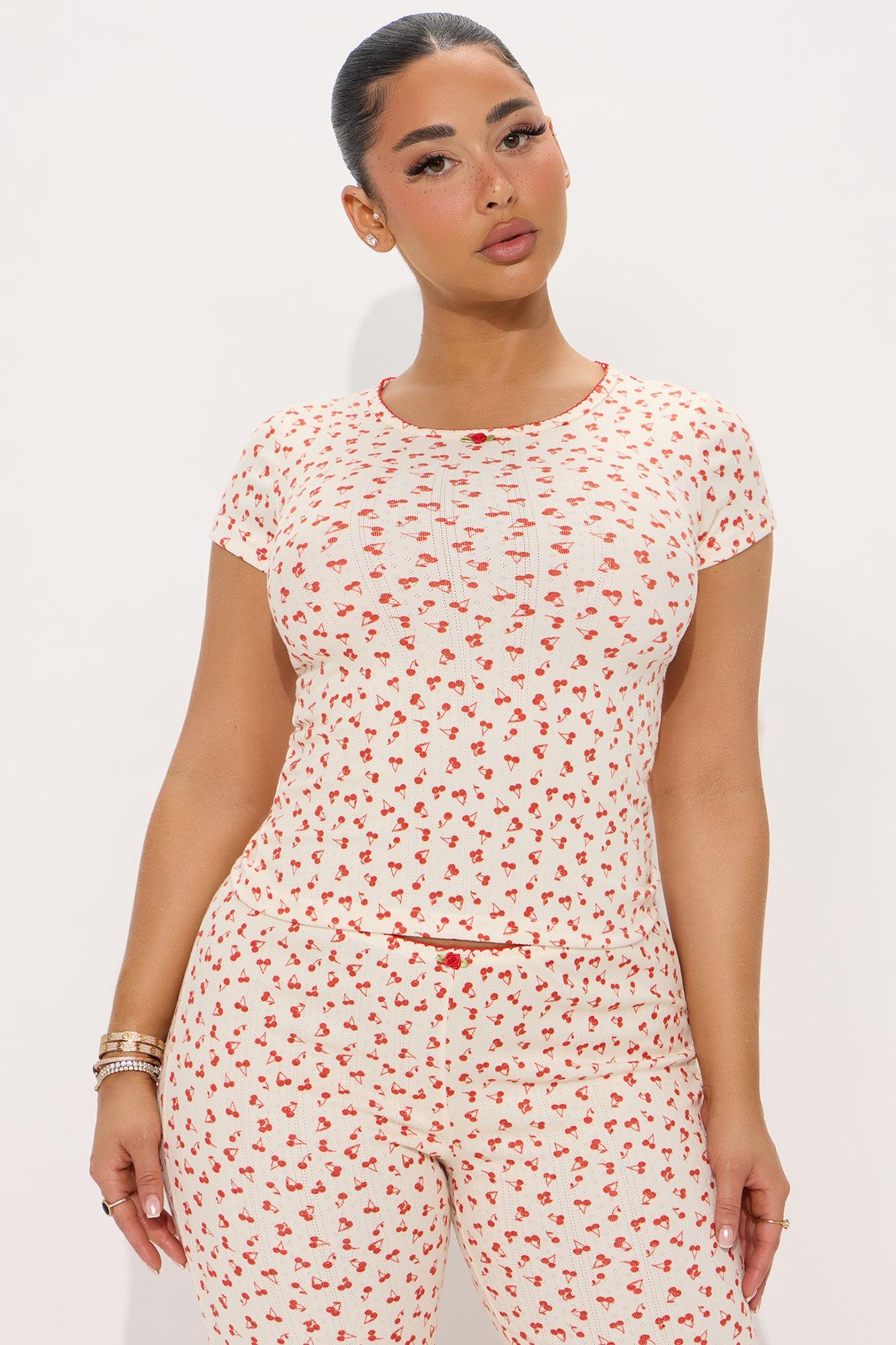 Cherry Dreaming Pointelle Short Sleeve PJ Pant Set - Ivory/combo Product Image