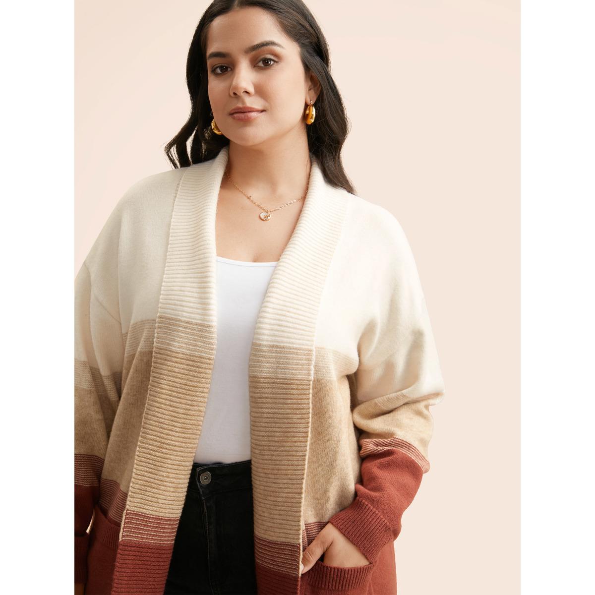 Plus Size Ombre Contrast Drop Shoulder Cardigan Scarlet Women Casual Loose Long Sleeve Everyday Cardigans BloomChic 12/L Product Image