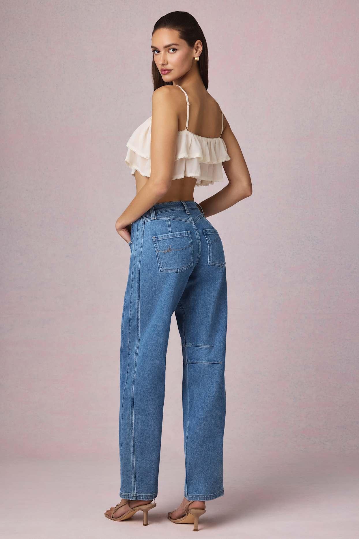 Mid-Rise Barrel-Leg Jeans in Mid-Blue Wash Product Image