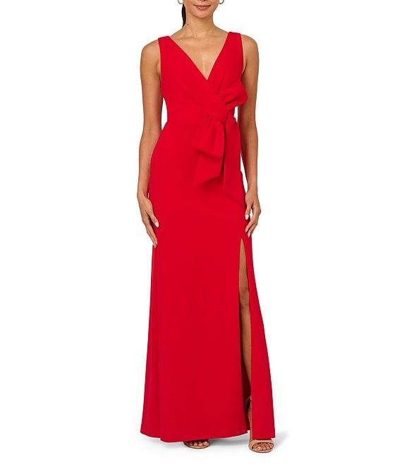 Adrianna Papell Solid Crepe V-Neck Sleeveless Front Bow Twist Side Slit Sheath Gown Product Image