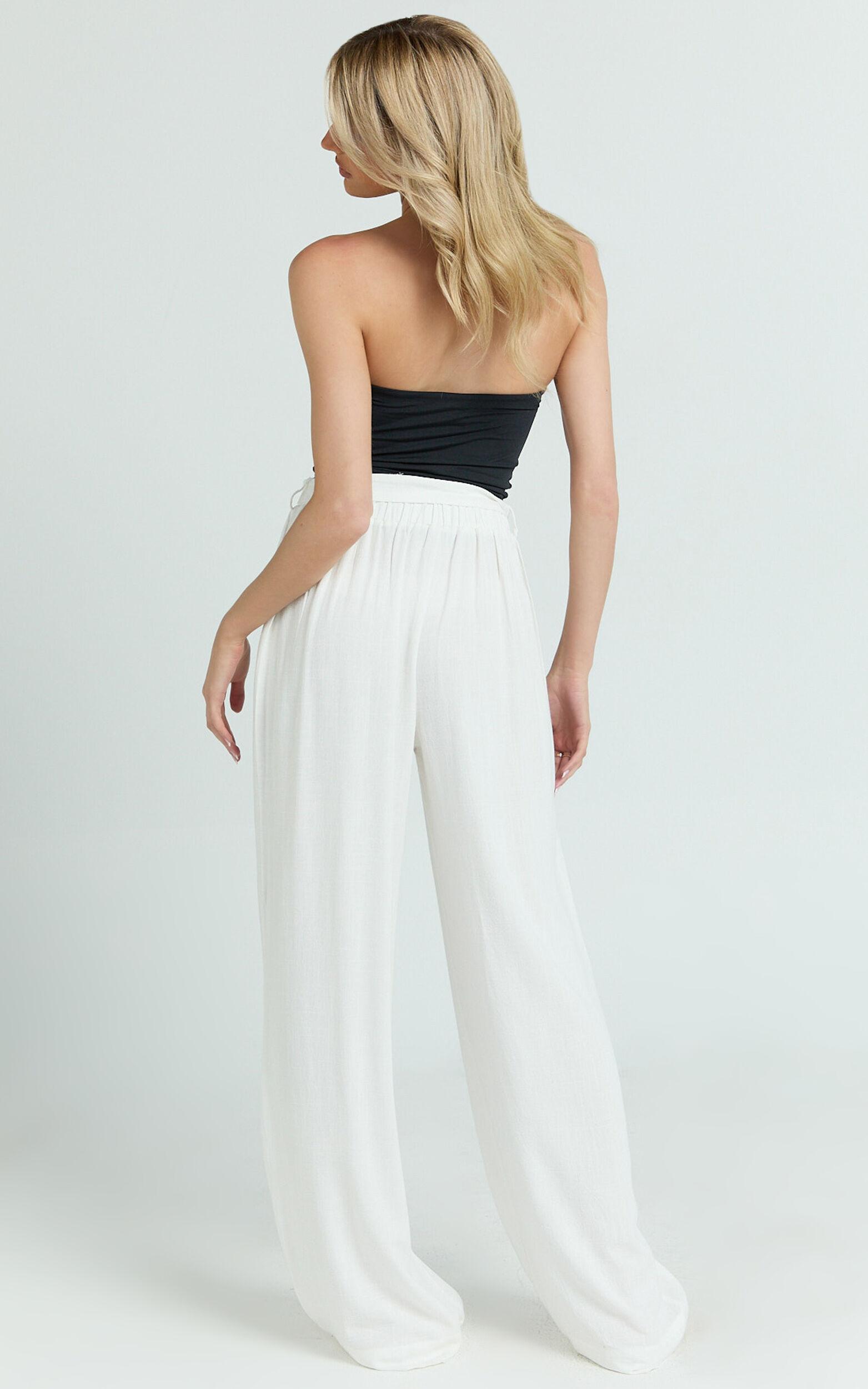 Kalli Pants - Linen Look Belted Wide Leg Relaxed Pants in White Product Image