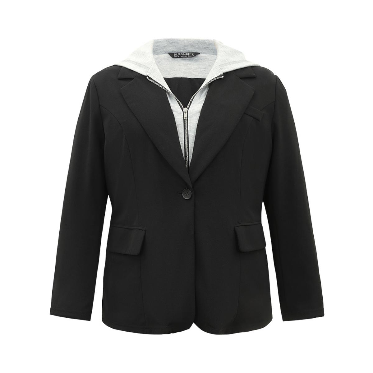 Plus Size Contrast Patchwork Zipper Button Up Hooded Blazer Black Women Dailywear Plain Lined Sleeve Long Sleeve Hooded 26/4X Pocket Casual Blazers BloomChic Product Image
