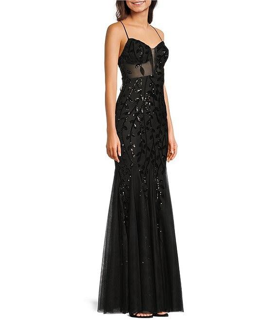 B. Darlin Pattern Sequin Illusion Waist Lace-Up Back Long Dress Product Image