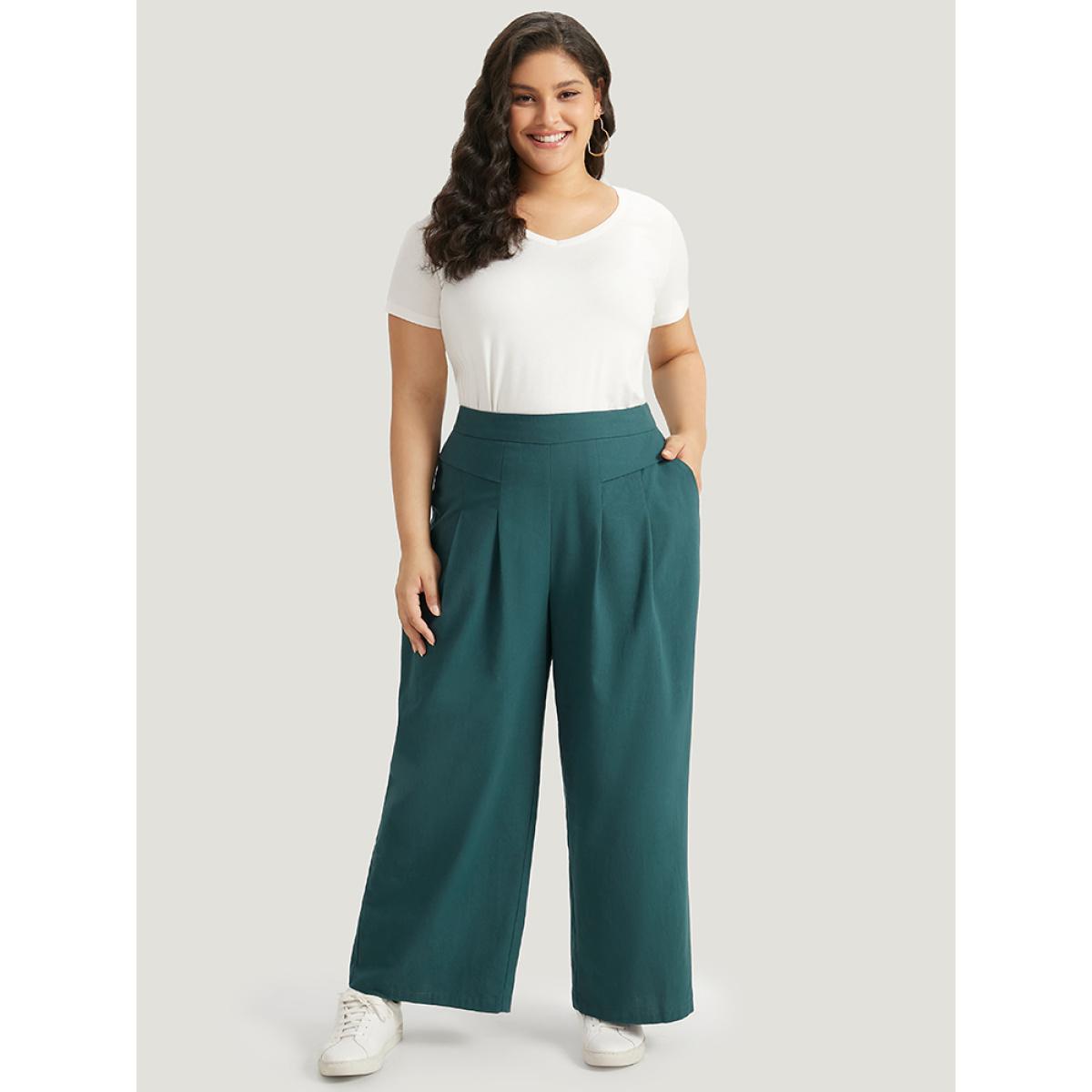 Plus Size Plain Pocket Elastic Waist Plicated Detail Pants Women Cyan Casual Straight Leg High Rise Everyday Pants BloomChic 18-20/2X Product Image