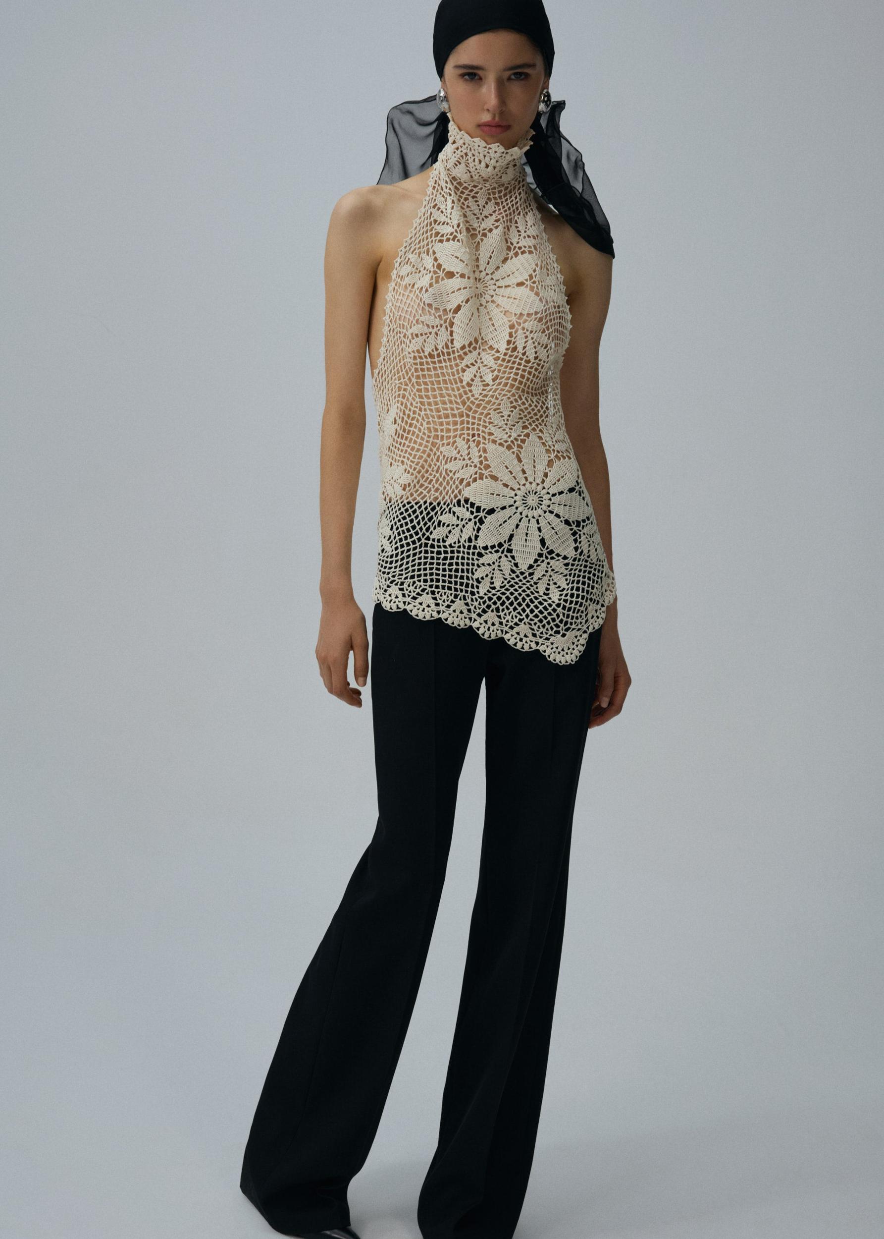 Lace crochet high neck blouse in cream Product Image