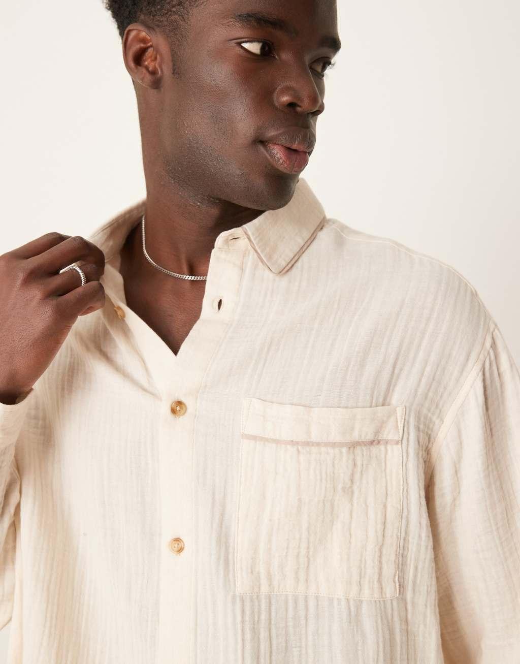 ASOS DESIGN boxy textured regular shirt with piping detail in beige Product Image