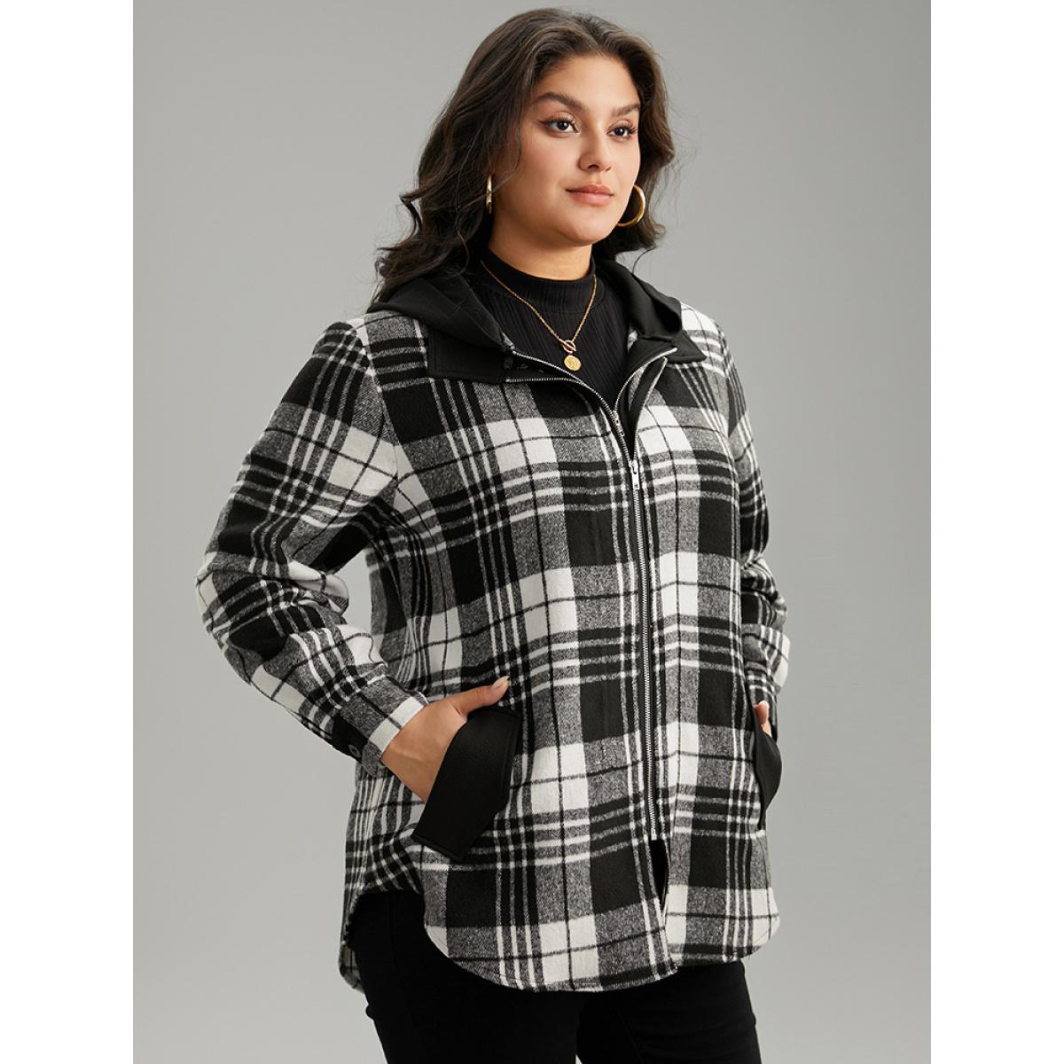 Plus Size Plaid Patchwork Zipper Contrast Hooded Jacket Women Black Contrast Pocket Everyday Jackets BloomChic 10/M Product Image
