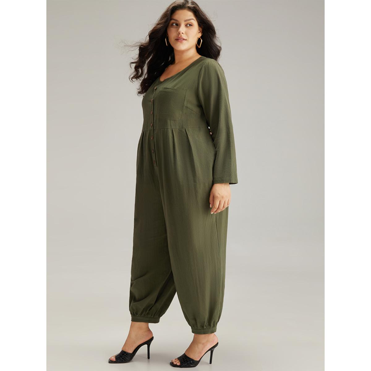 Plus Size ArmyGreen Plain Pocket Button Up Pleated Jumpsuit Women Basics Long Sleeve Round Neck Everyday Loose Jumpsuits BloomChic 28/5X Product Image