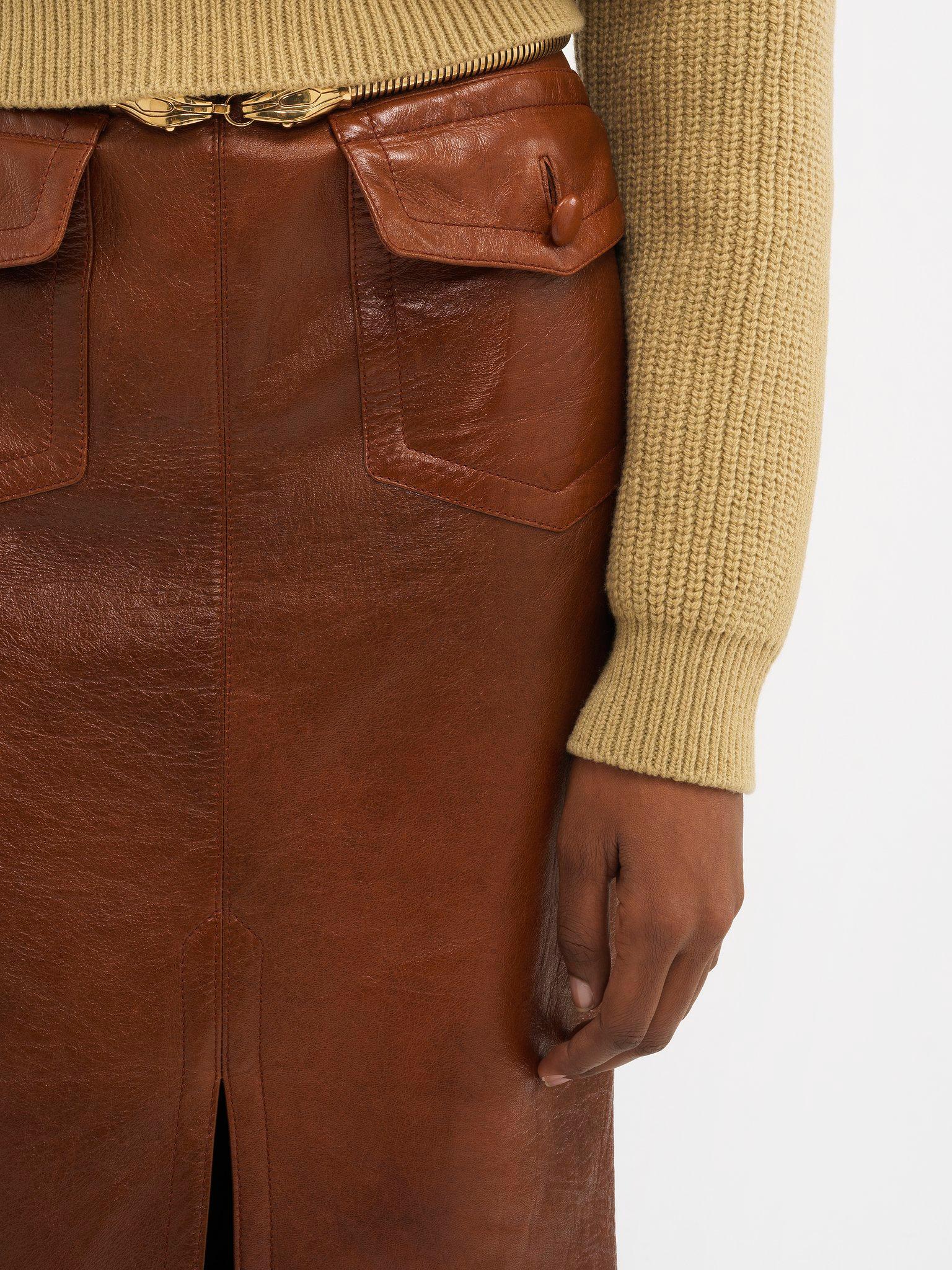 Front-slit midi skirt in glossy leather Product Image