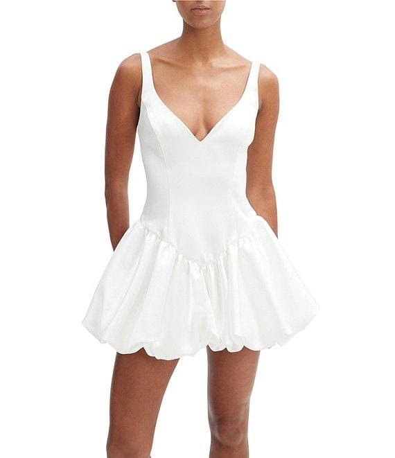 Bardot Oria Satin V Neck Sleeveless Bubble Hem Drop Waist Mini Dress Product Image
