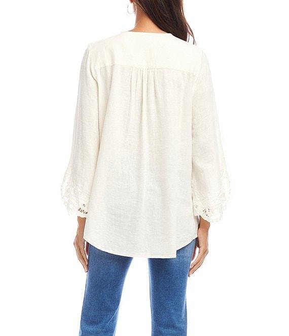 Karen Kane Linen Blend Embroidered V-Neck 3/4 Sleeve Asymmetric Top Product Image