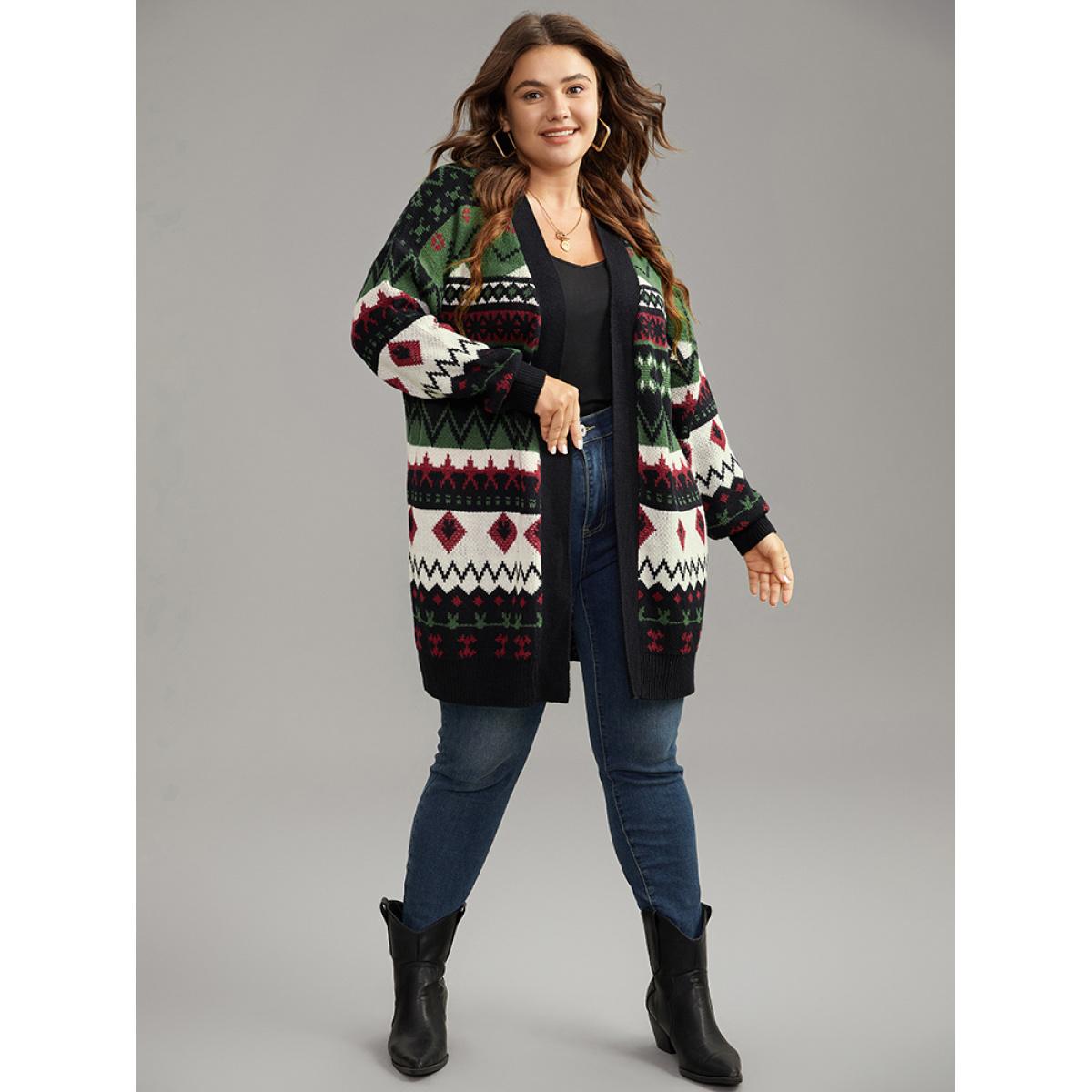 Plus Size Christmas Graphic Open Front Tunic Cardigan Multicolor Women Casual Loose Long Sleeve Dailywear Cardigans BloomChic 26/4X Product Image