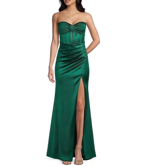 Honey and Rosie Sateen Sweetheart Neck Strapless Corset Long Dress Product Image