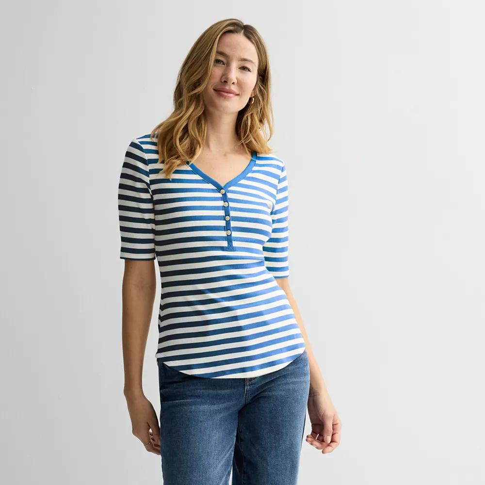 Petite Sonoma Goods For Life® Slim Fit Elbow Sleeve Henley Top, Women's, Size: XL Petite, Blue Ivory Stripe Product Image