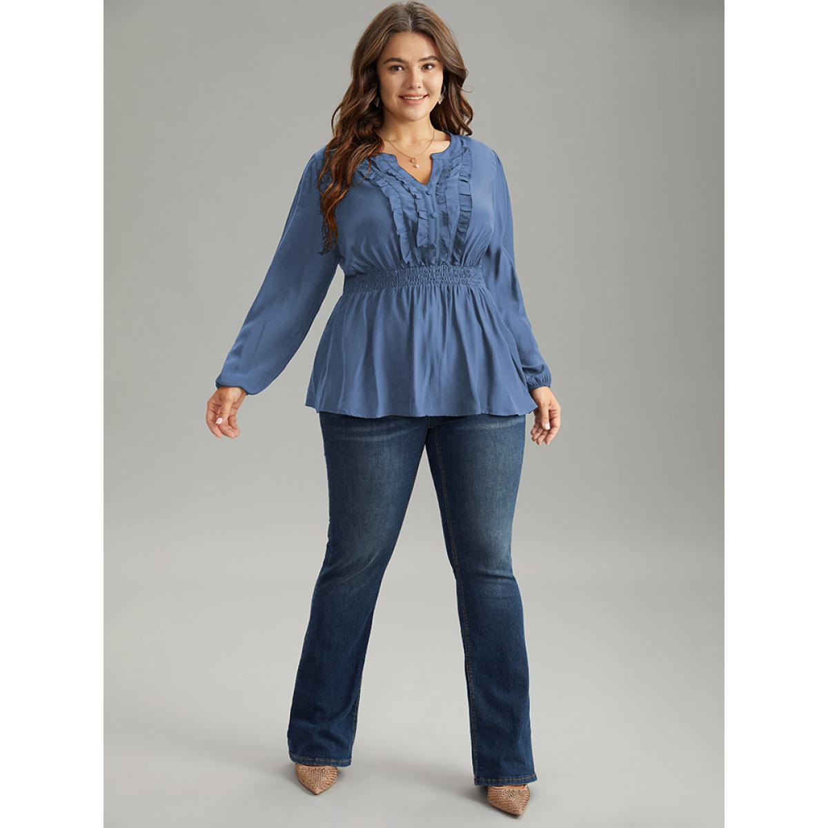 Plus Size Aegean Solid Frill Trim Shirred Flutter Hem Blouse Women Elegant Long Sleeve Notched collar Dailywear Blouses BloomChic 14-16/1X Product Image