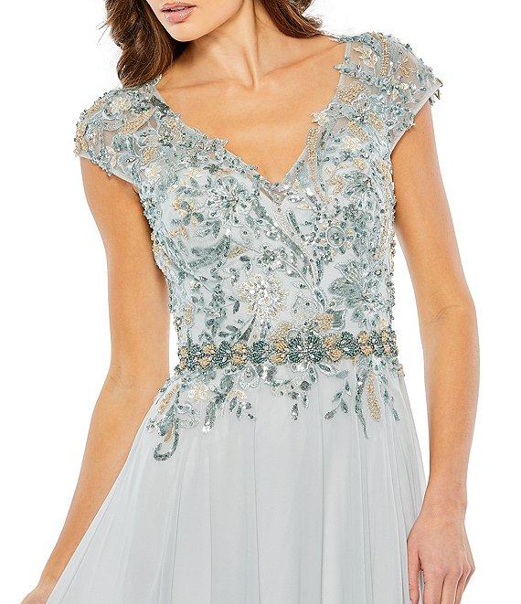 Mac Duggal Beaded V-Neck Cap Sleeve A-Line Gown Product Image
