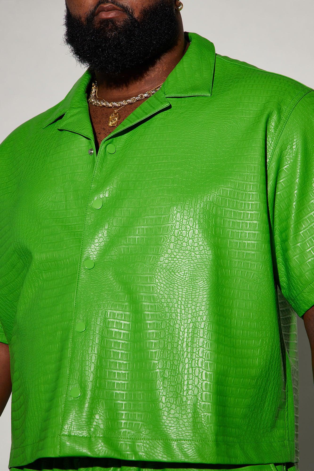 Gotta Run Faux Croc Leather Cropped Button Up Shirt - Green Product Image