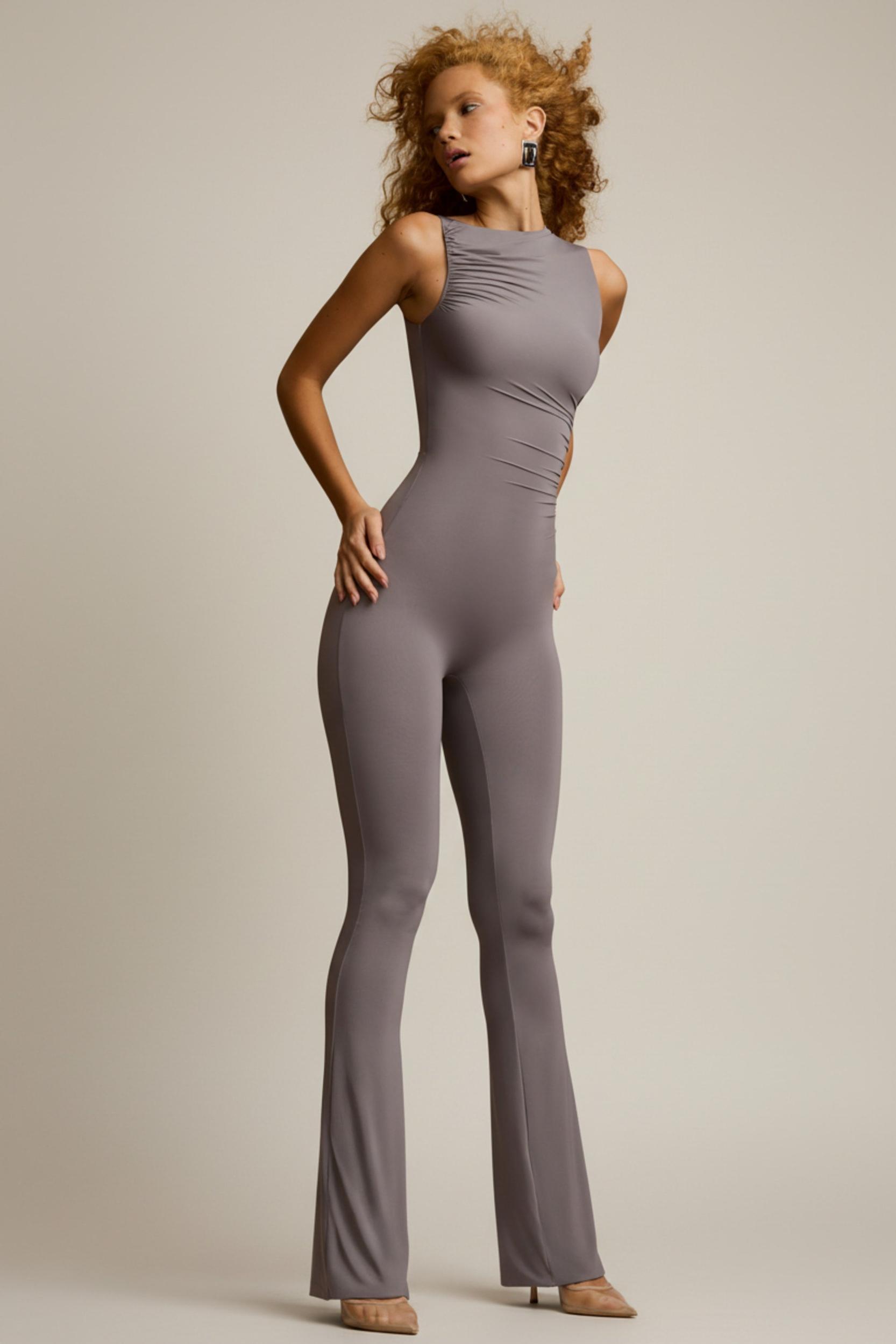 Asymmetric Ruched Flared Jumpsuit in Steel Grey Product Image
