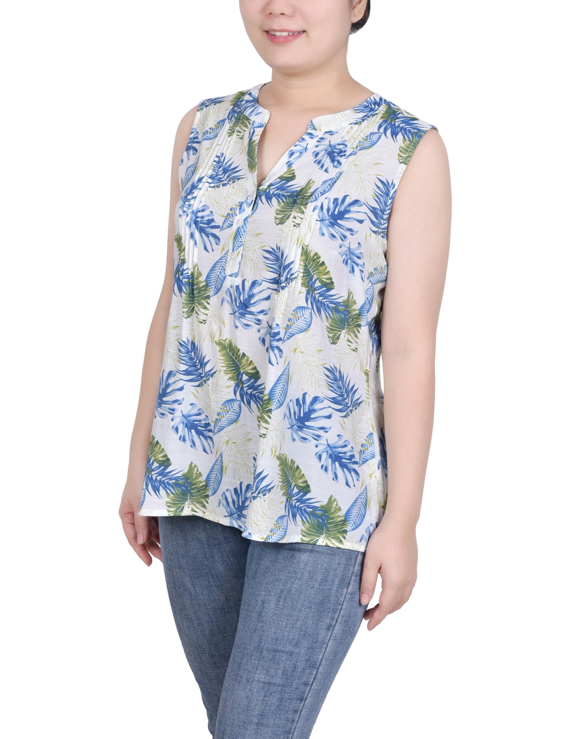 Ivory Tropical Leaves Sleeveless Pintucked Blouse Product Image