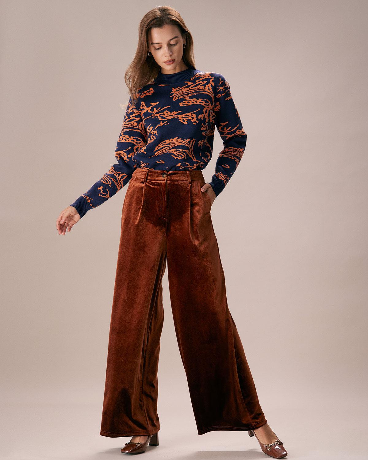 The Brown High Waisted Velvet Wide Leg Pants Product Image