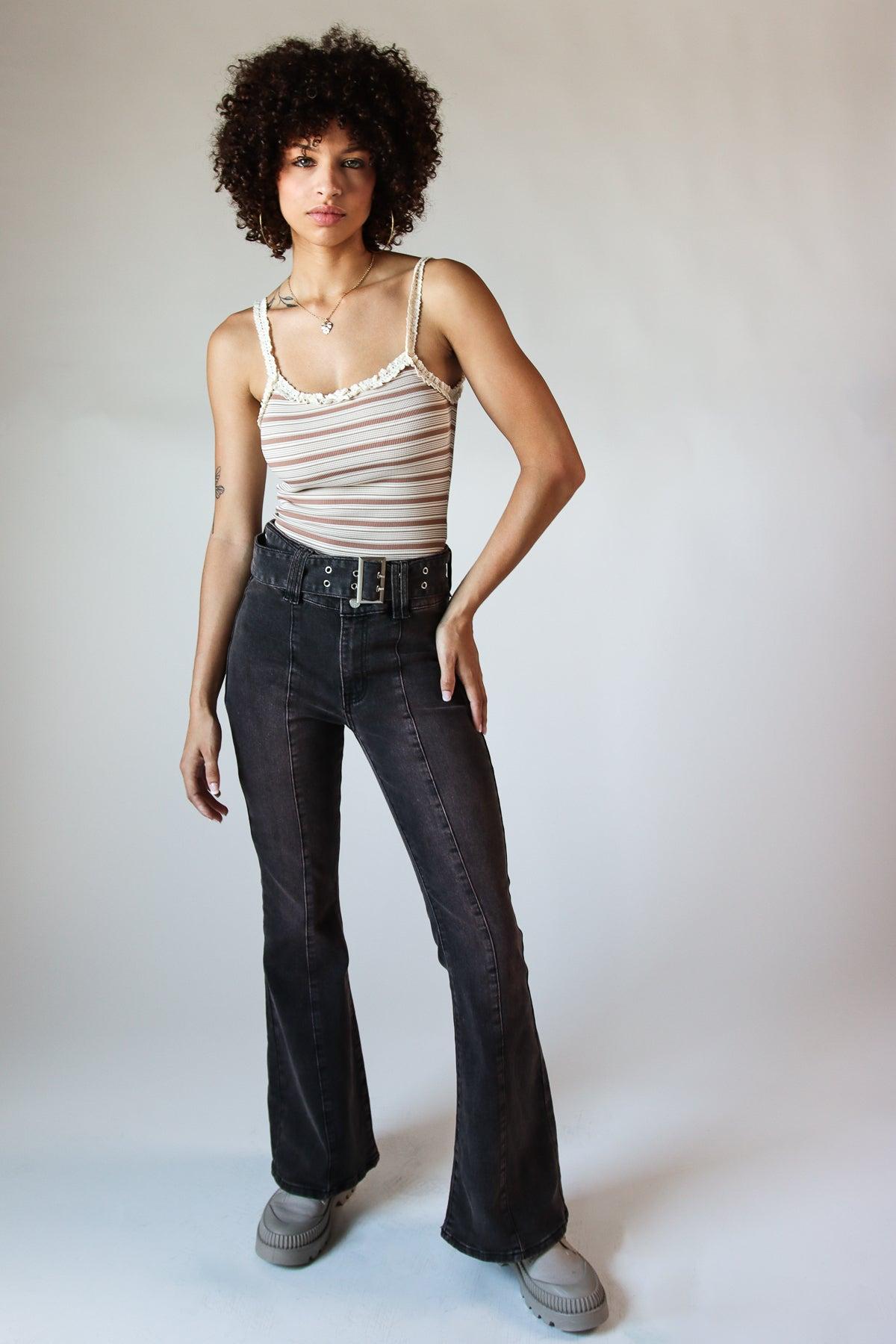 Belted Flare Grunge Wash Jeans Product Image