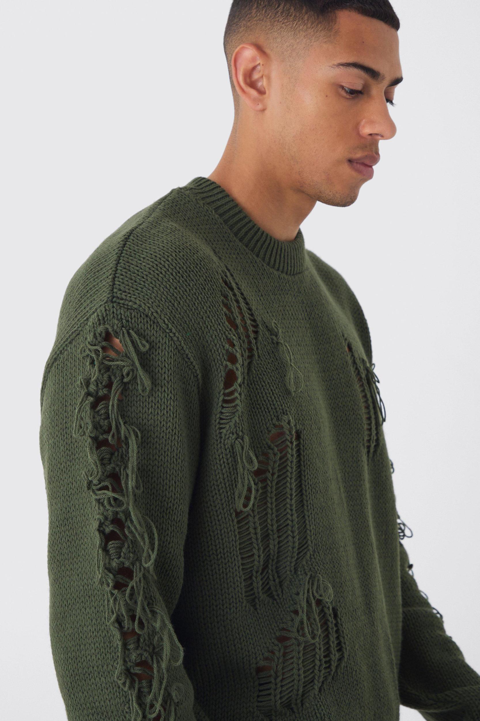 Oversized Distressed Sleeve Knitted Sweater | boohooMAN USA Product Image