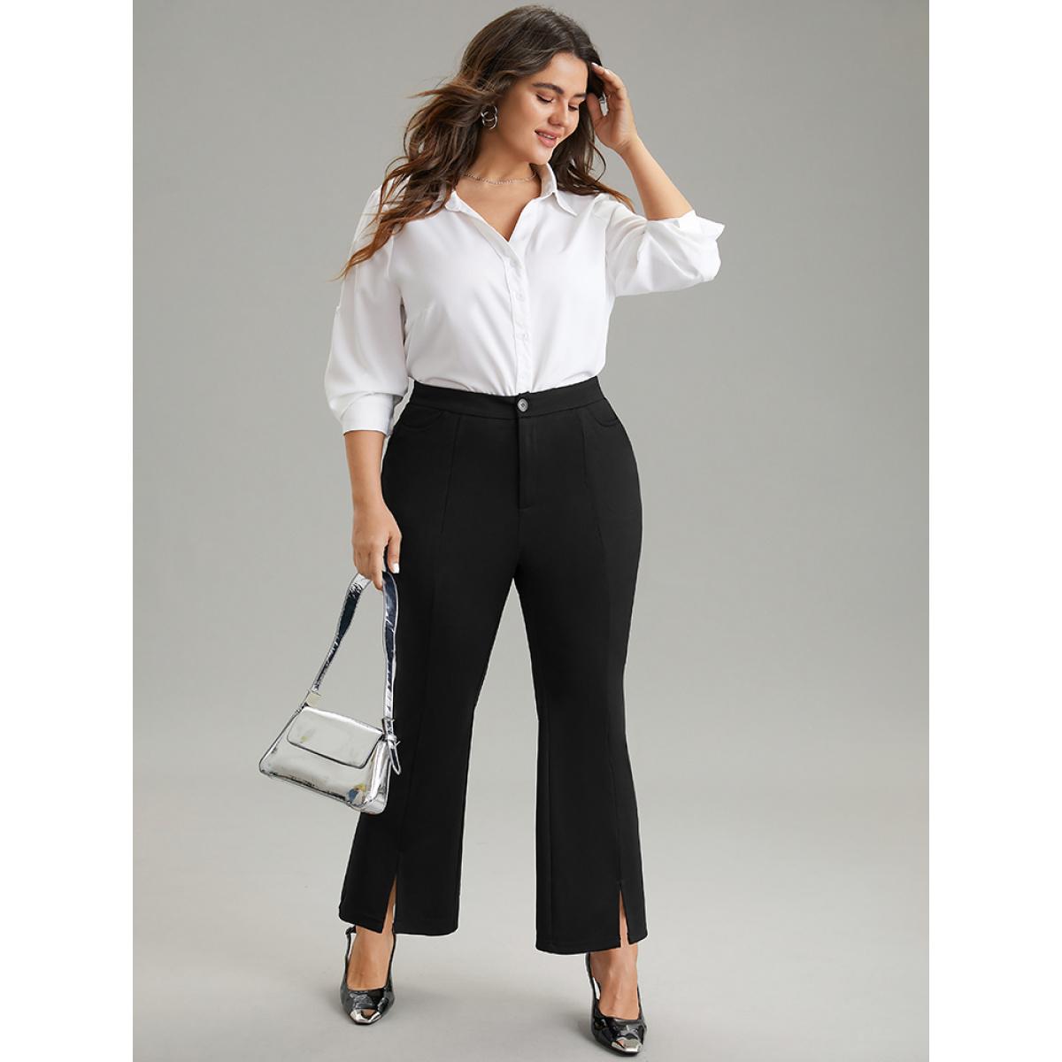 Plus Size Plain Flare Leg Pocket Split Hem Pants Women Black Office Flare Leg High Rise Office Pants BloomChic 26/4X Product Image