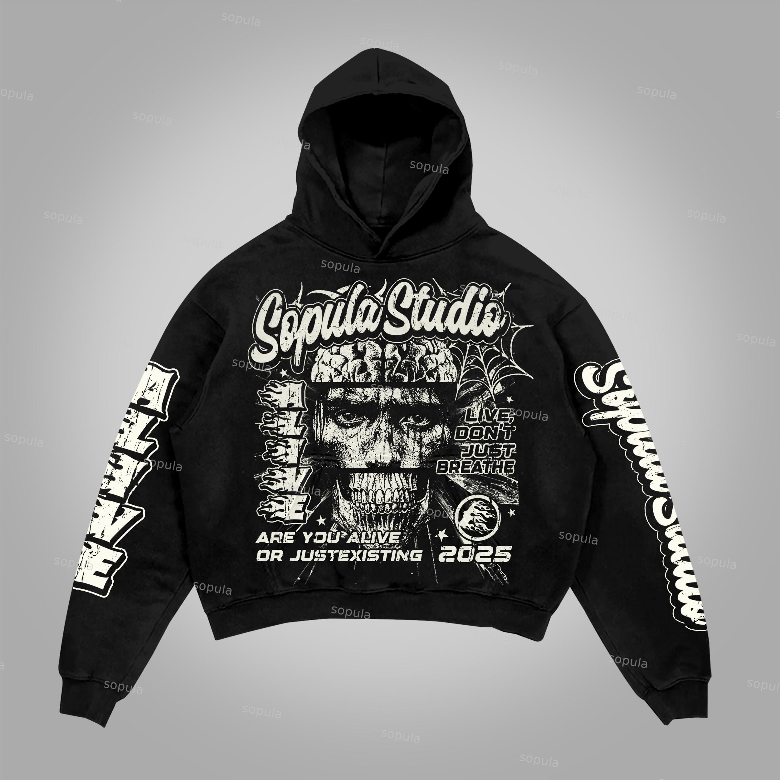Sopula Are You Alive Or Just Existing Vintage Graphics Cotton Pocket Hoodie Product Image