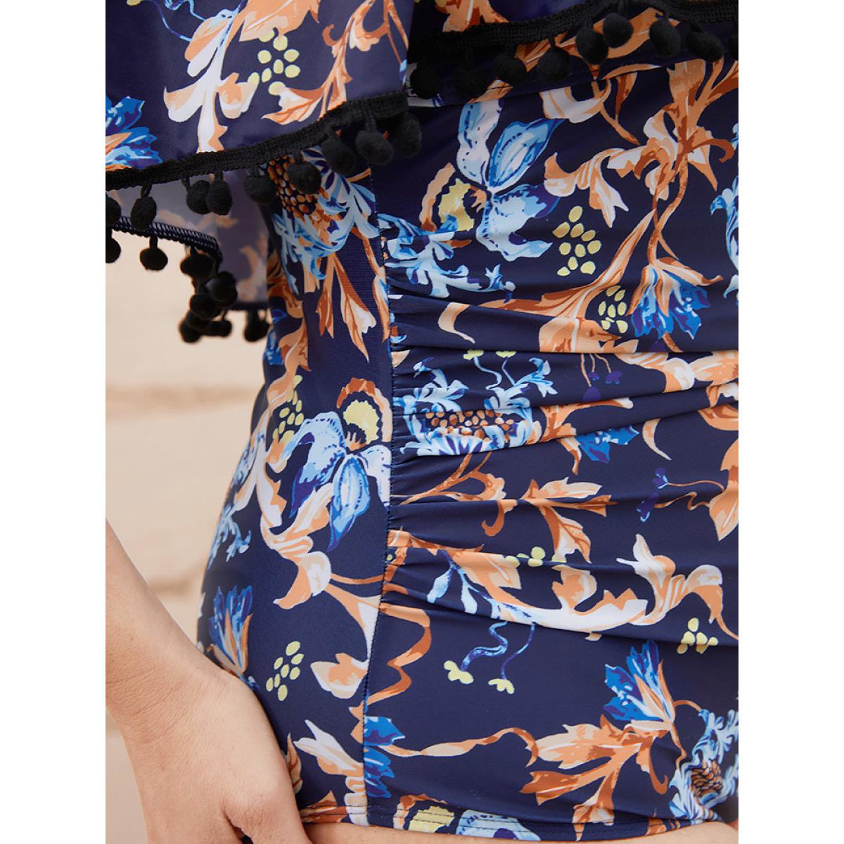 Plus Size Floral Pompom Trim Cold Shoulder One Piece Swimsuit Women's Swimwear Indigo Vacation Adjustable Straps Curve Bathing Suits High stretch One Pieces BloomChic 30/6X Product Image