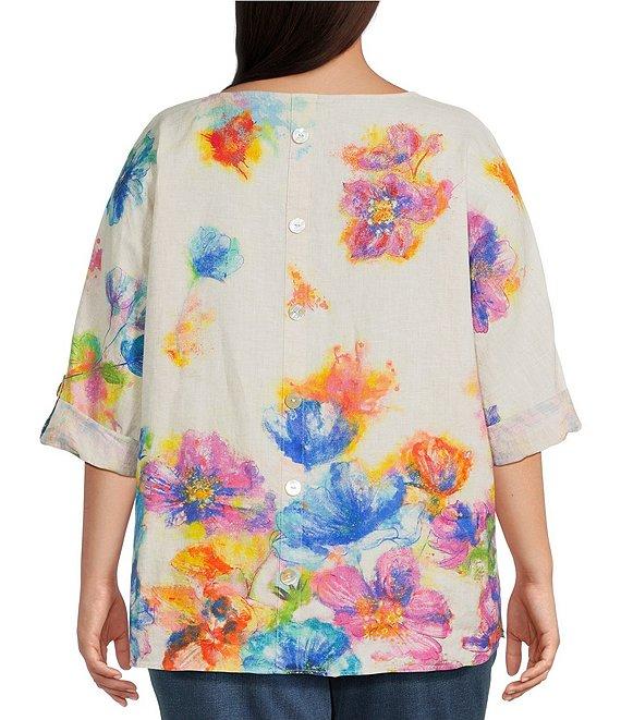 Ali Miles Plus Size Linen Blend Multi Floral Round Neck 3/4 Dolman Roll-Tab Sleeve Tunic Product Image