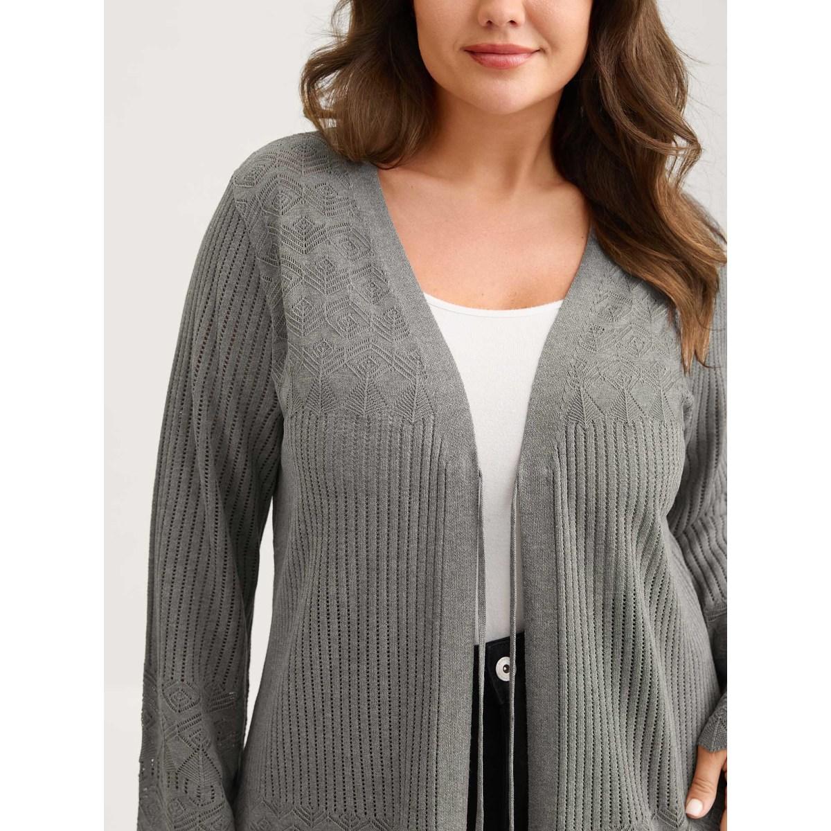 Plus Size Front Tie Textured Long Knit Cardigan DarkGray Women Leisure Loose Long Sleeve Casual Cardigans BloomChic 22-24/3X Product Image