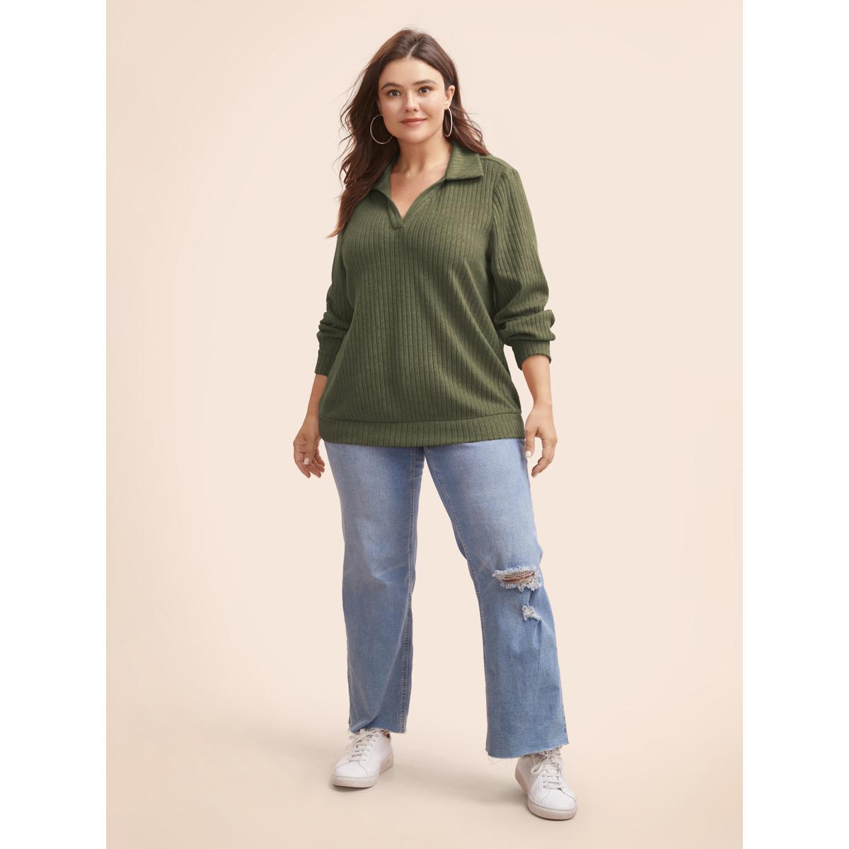 Plus Size Solid Pit Strip Stretch Sweatshirt Women Sage Leisure Texture V-neck Casual Sweatshirts BloomChic 10/M Product Image