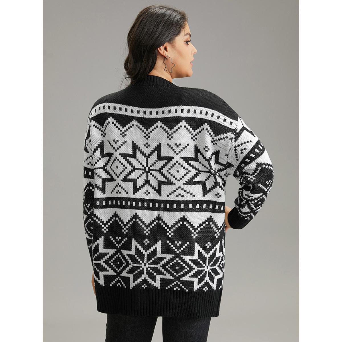 Plus Size Boho Print Open Front Jacquard Cardigan Black Women Casual Loose Long Sleeve Everyday Cardigans BloomChic 18-20/2X Product Image