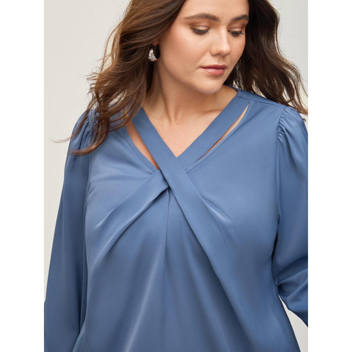 Plus Size Stone Criss Cross Neckline Puff Sleeve Gathered Blouse Women Timeless Long Sleeve Asymmetrical Neck Elegant Blouses BloomChic 14-16/1X Product Image