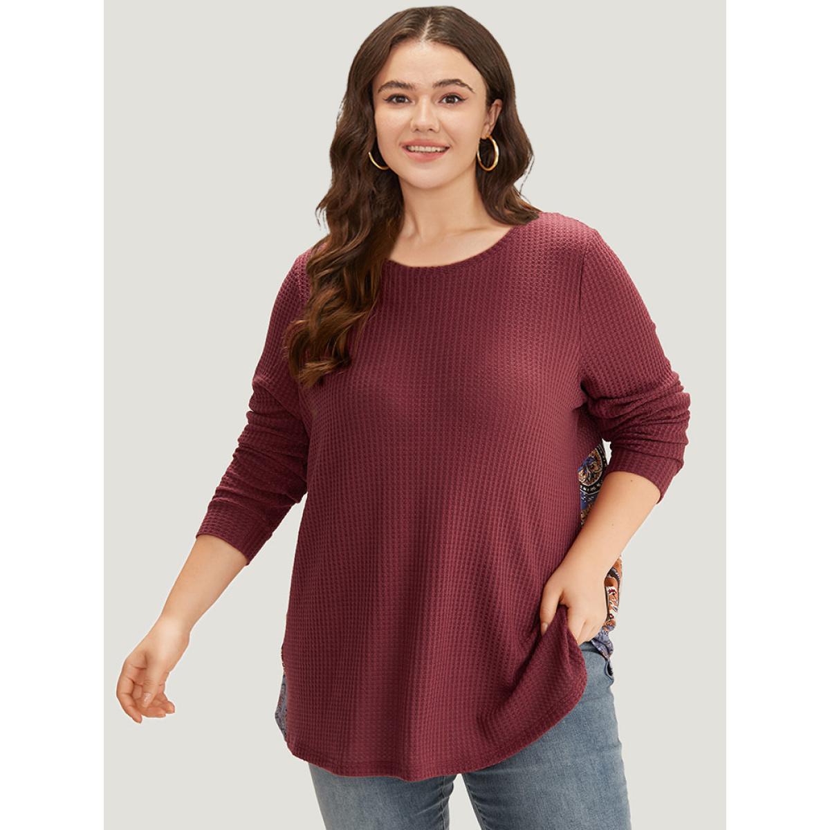 Plus Size Bandana Patchwork Crew Neck Elastic Cuffs Sweatshirt Women Russet Casual Round Neck Everyday Sweatshirts BloomChic 30/6X Product Image