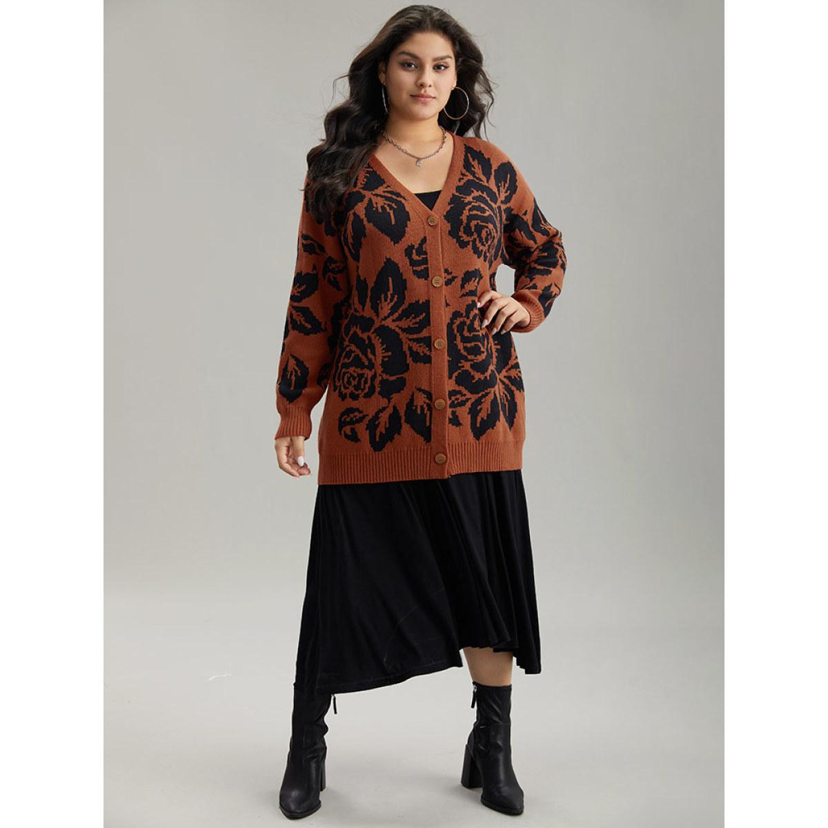 Plus Size Supersoft Essentials Silhouette Floral Print Button Fly Cardigan Chocolate Women Casual Loose Long Sleeve Dailywear Cardigans BloomChic 14-16/1X Product Image