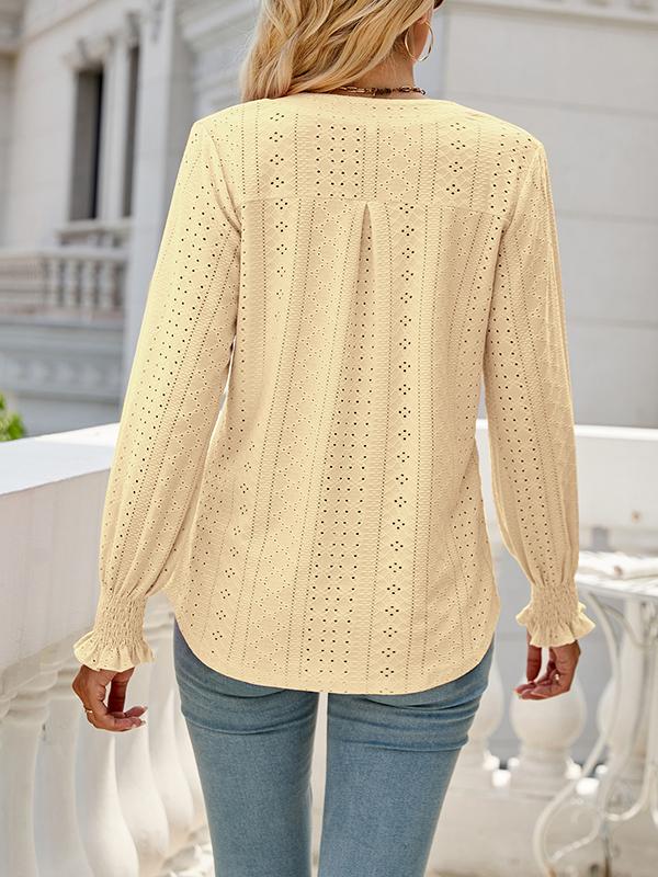 Long Sleeves Loose Elasticity Hollow Solid Color V-Neck T-Shirts Tops Product Image