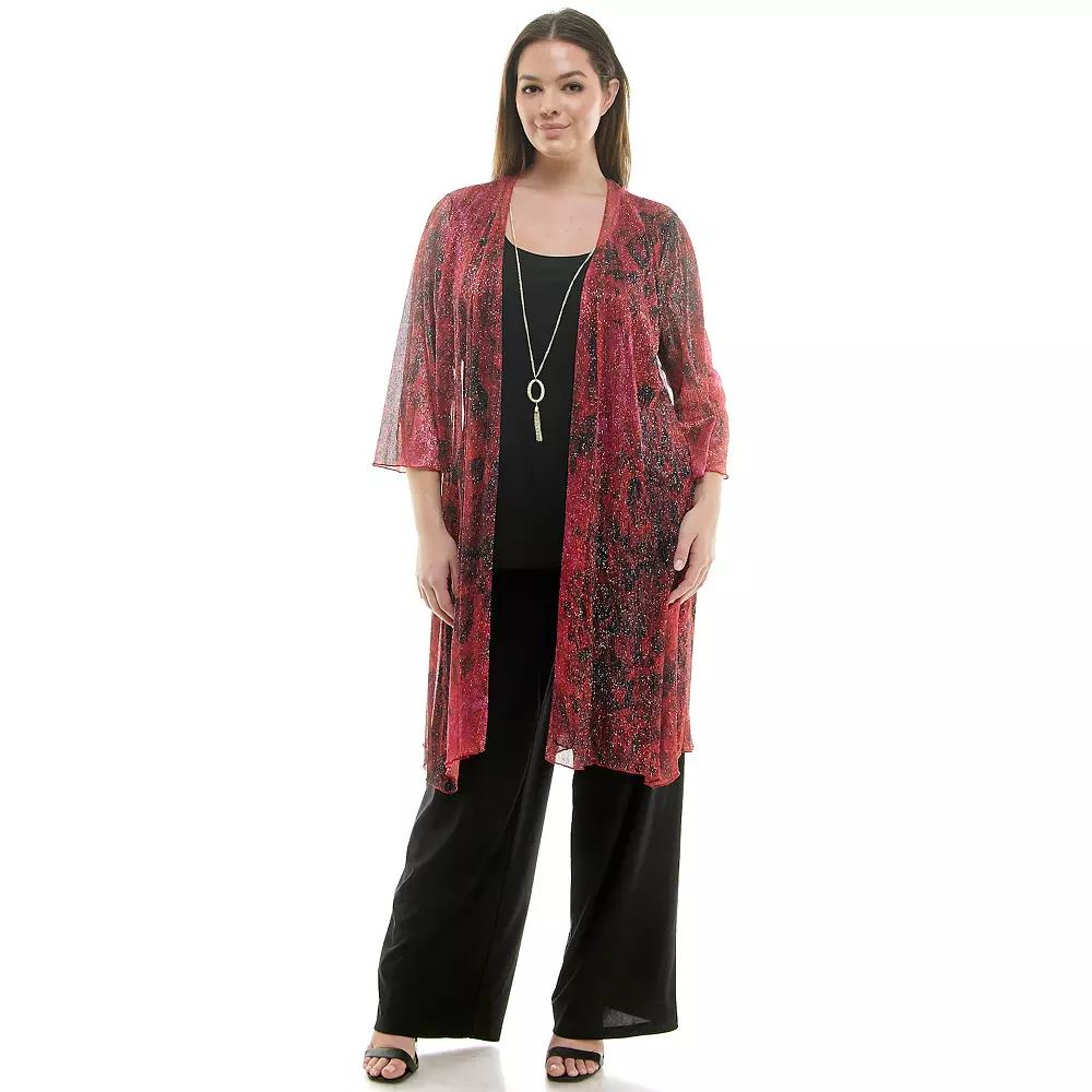 Plus Size Luxology 3-Piece Shimmer Cardigan, Tank Top & Straight Leg Pants Set, Women's, Size: 3XL, Black Burg Red Product Image