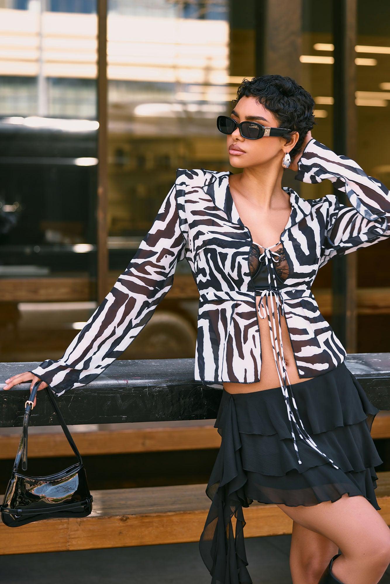 Wild Zebra Chiffon Flyaway Top - White/Black Female Product Image