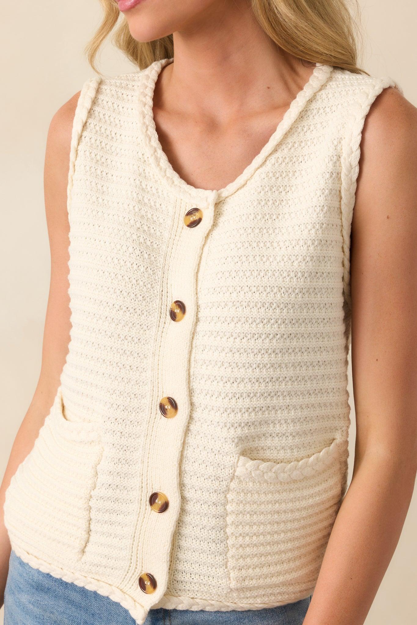 Onward And Upward Ivory Cotton Button Front Sweater Vest Product Image