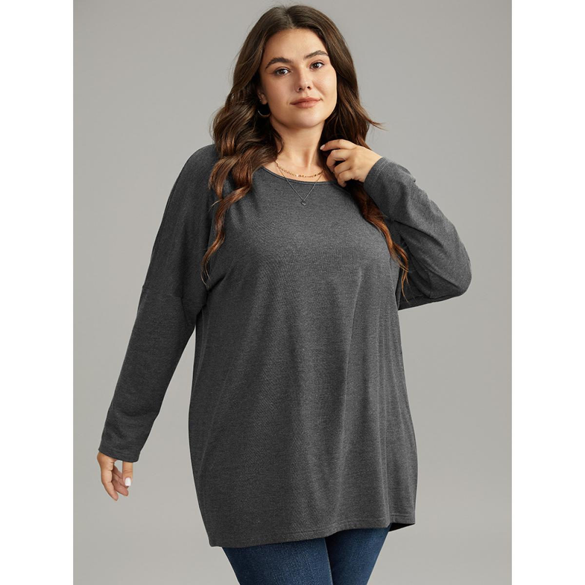 Plus Size Supersoft Essentials Solid Drop Shoulder T-shirt DimGray Women Elegant Plain Plain Round Neck Dailywear T-shirts BloomChic 10/M Product Image