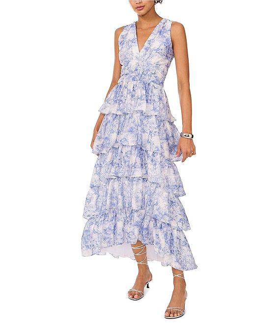 1. STATE Woven Toile Print V-Neck Sleeveless Tiered Ruffle Maxi Dress Product Image