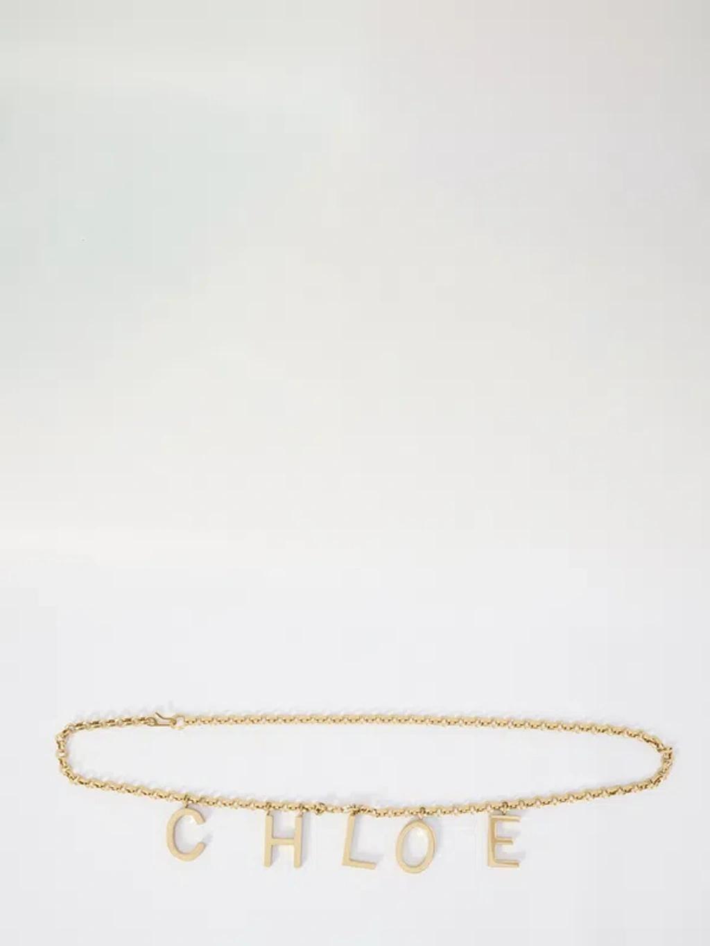 CHLOÉ Metallic Belt With Adjustable Hook Closure And Logo Lettering Charm In Brass Woman In Gold Product Image