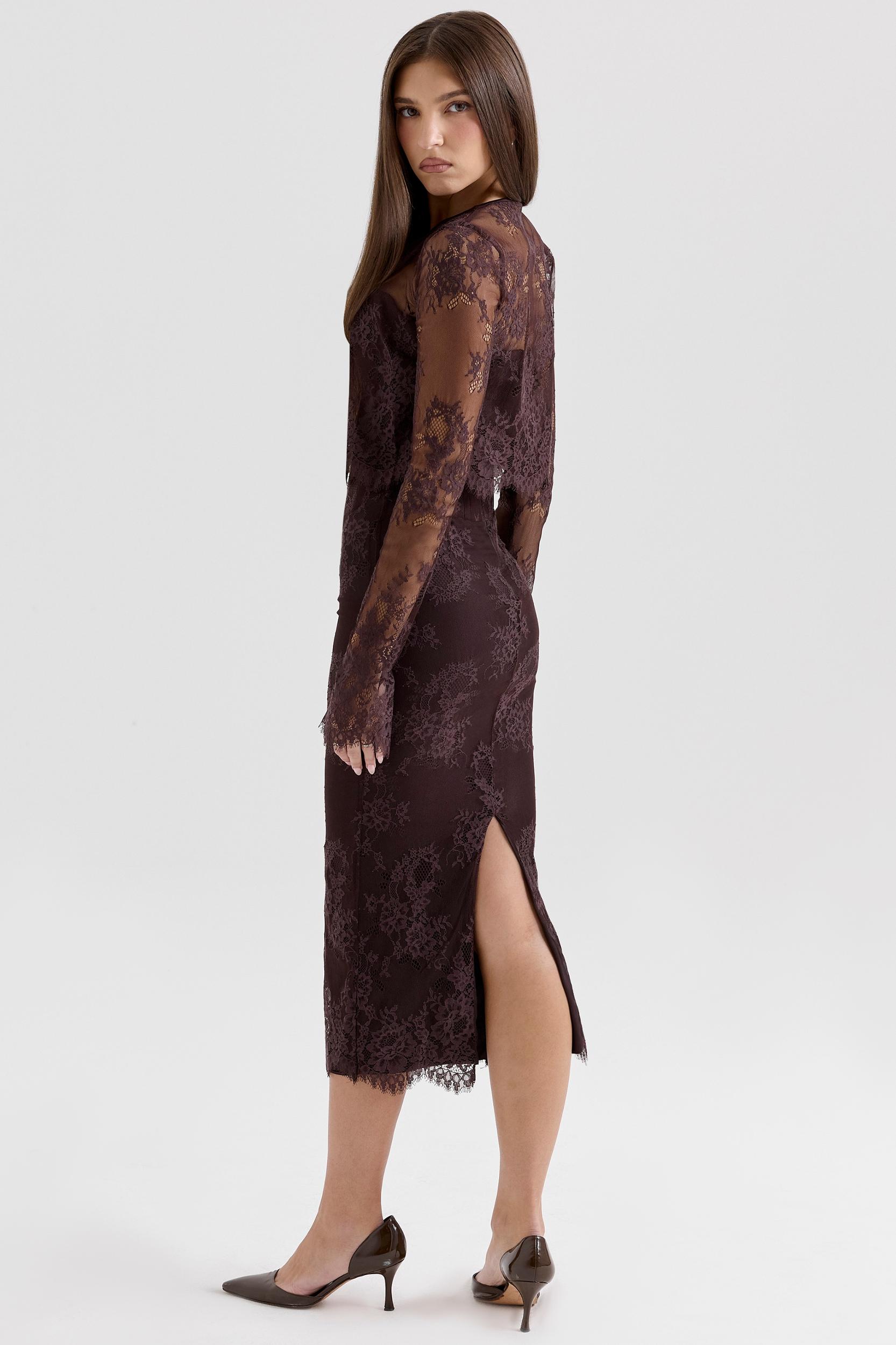 Larra  bitter chocolate lace corset midi dress & bolero Product Image