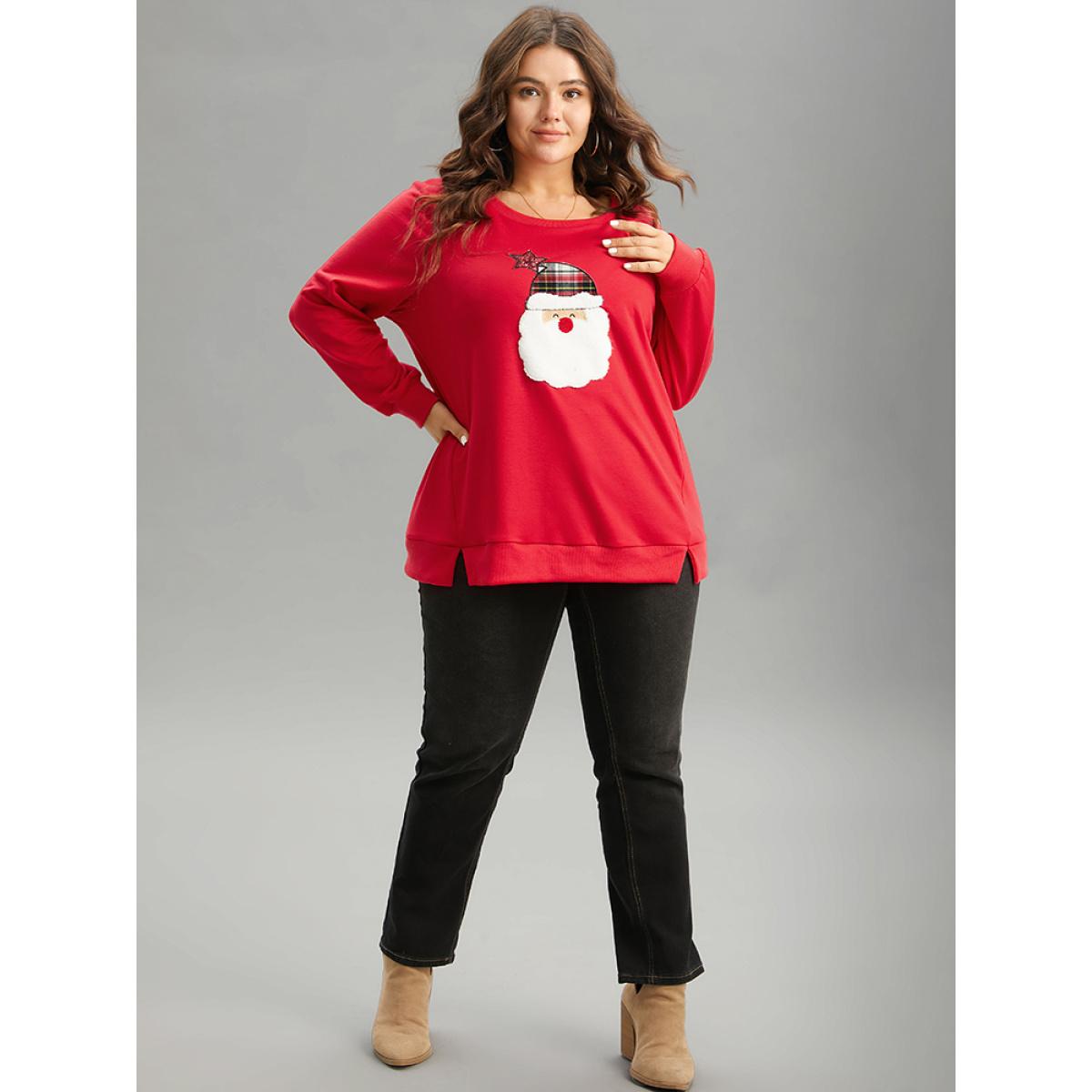 Plus Size Santa Claus Graphic Split Detail Sweatshirt Women Red Casual Rib Knit Festival-Christmas Sweatshirts BloomChic 12/L Product Image