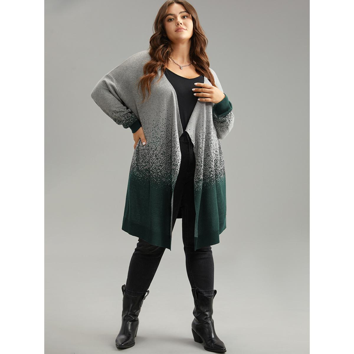 Plus Size Ombre Asymmetrical Open Front Cardigan DarkGreen Women Casual Loose Long Sleeve Everyday Cardigans BloomChic 26/4X Product Image