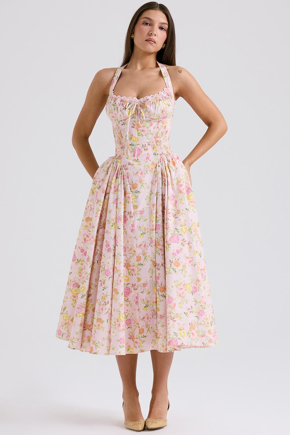 Adabella  pink meadow print cotton halter midi sundress Product Image