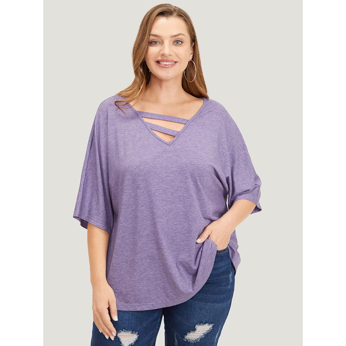 Plus Size Solid Heather Keyhole Neck Dolman Sleeve T-shirt Heather Women Casual Heather Plain V-neck Loose Dailywear T-shirts BloomChic 30/6X Product Image