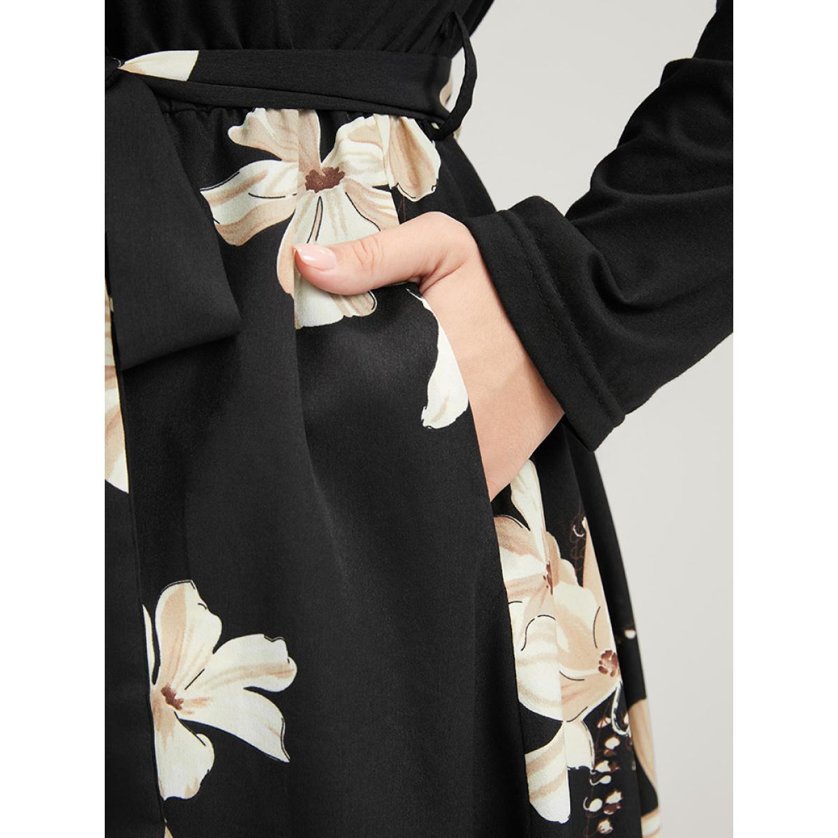 Plus Size Floral Print Keyhole Round Neck Pocket Belted Dress Multicolor Women Elegant Belted Round Neck Long Sleeve Curvy Midi Dress BloomChic 22-24/3X Product Image